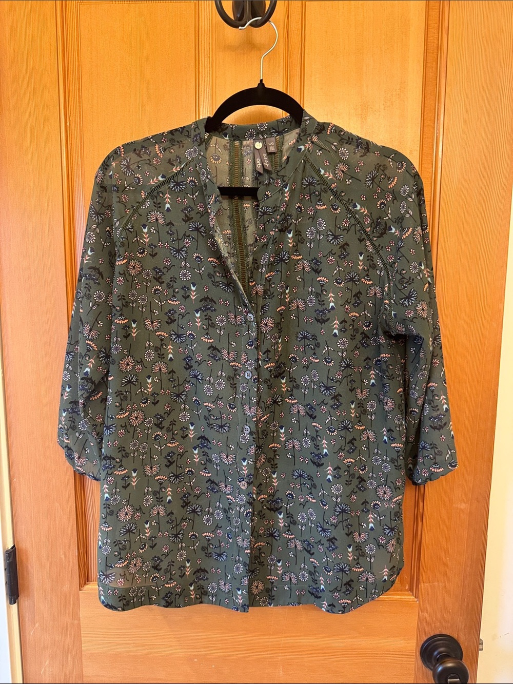 Women's Olive Green Floral Popover Blouse